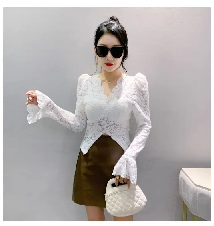 Spring Summer Lace T-shirt Slim Women V-neck Long Sleeve Shirt Button Irregular Short Tops Puff Sleeves Vintage Chic Design Tees