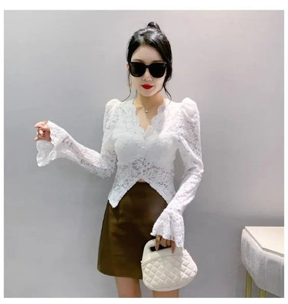 Spring Summer Lace T-shirt Slim Women V-neck Long Sleeve Shirt Button Irregular Short Tops Puff Sleeves Vintage Chic Design Tees
