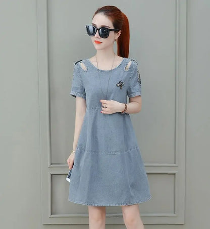 Short sleeved Denim Dress Summer Women's 2024 New College style Fashion Student Loose Dress With pockets Casual Clothing