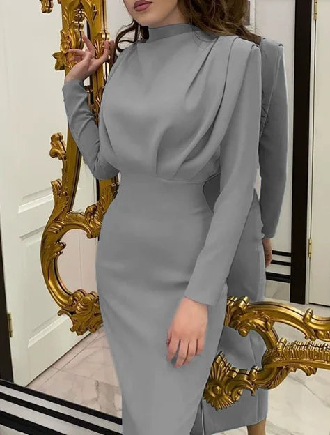 Women's Spring New Dresses with European and American Temperament, Waist Wrapped Solid Color Long Skirt, Long Sleeves, Round Nec