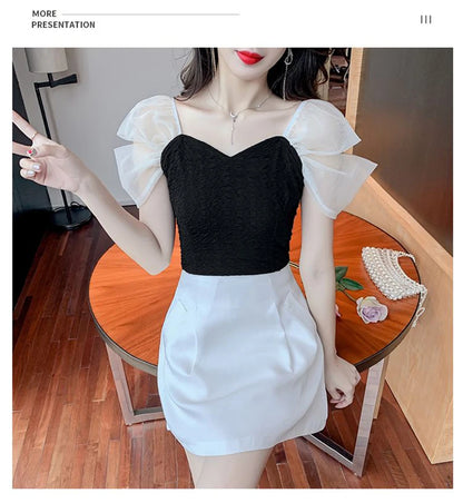 Summer Mesh Spliced Women Puff Sleeve Square Neck T Shirts Lady French Fashion Elegant Sweet Slim Fit Clothing Tops Black White