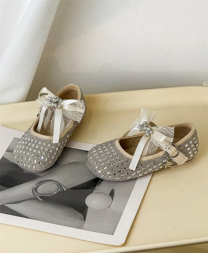 Children Shoes For Girls Leather Bow Rhinestone Princess Shoes Soft Sole Outdoor Fashion Kids Sneakers EU 26-33