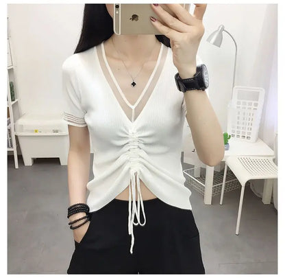 Ice Silk Short Sleeve T-shirt for Women in Summer New Thin V Neck Drawstring Solid Color Casual Tops Fashion Office Clothing