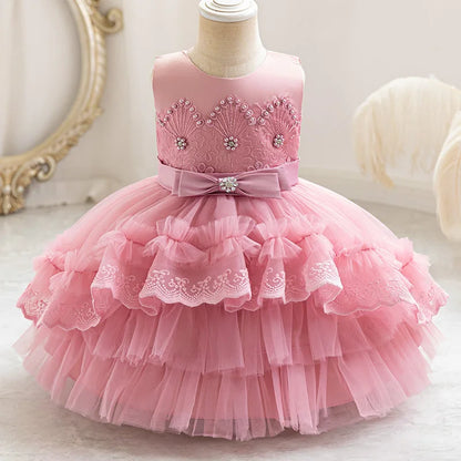 Party Dresses For Girl Formal Prom Wedding Dress Beaded Embroidery Mesh Princess Dress For Infant Baby 1st Birthday Baptism Gown