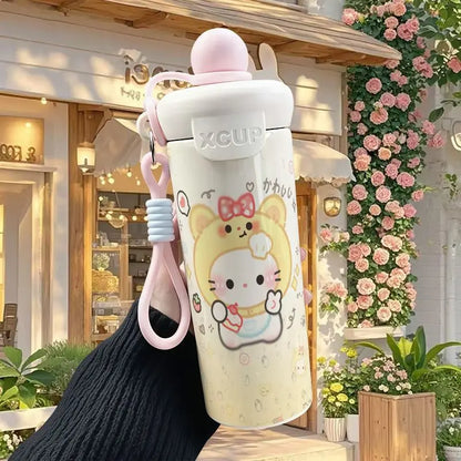 600ml Sanrio Hello Kitty Vacuum Thermos Cup SS316 Insulated Coffee Mug with Lifting Rope Portable Outdoor Drinking Water Kettle