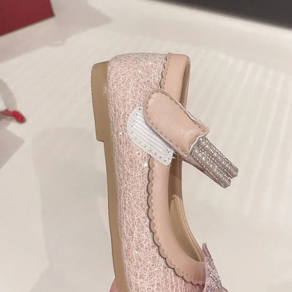 Children's Leather Shoes Bling Sequins Bowknot Princess Shoes for Girls Sweet Chic Kids Causal Wedding Shallow Versatile