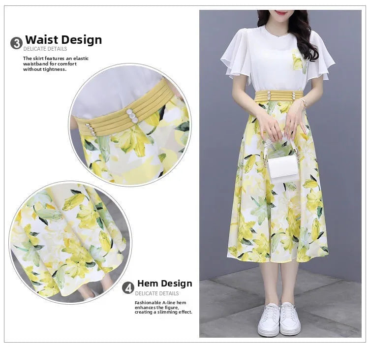 Floral Print Chiffon Dr Set Women's Summer Faion Slimming ular f-length Skirt Two-piece Set round Ne ort Sve