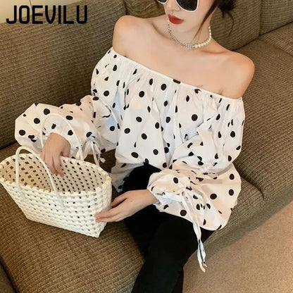 JOEVILU Polka Dot Shirt Off Shoulder Bubble Sleeve Tops Women's White Loose Simple Top French Casual Blouse In Spring and Summer