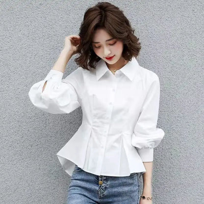 Stylish Lapel Button Spliced All-match Folds Lantern Sleeve Shirt Women's Clothing 2022 Autumn New Casual Tops Loose Chic Blouse