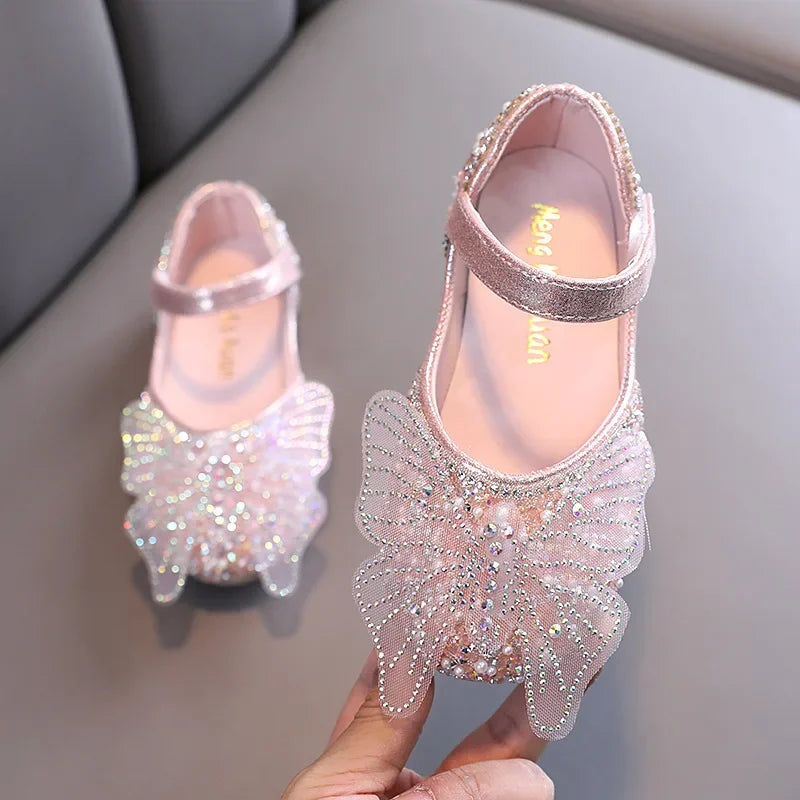 Girls Leather Shoes Children's Lace Butterfly Rhinestone Pearls Beading Performance Single Shoes Fashion Weeding Kids Shoes