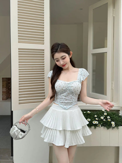 Summer New Pure Desire Sweet Floral Print off oulder Crop Top Slimming  with Chest Pad Versatile Women's Vest