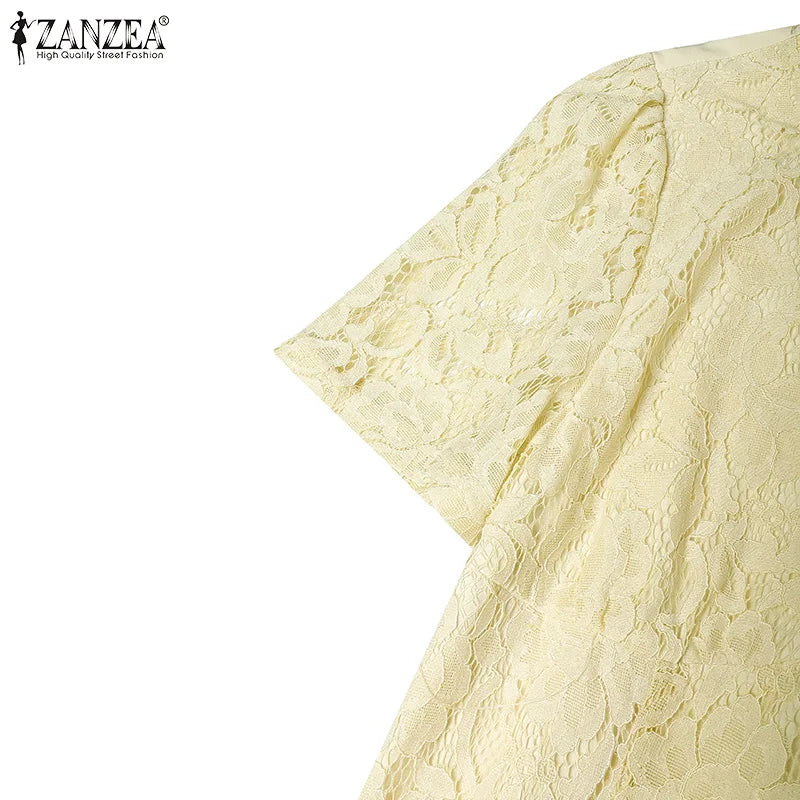 ZANZEA Women Summer Lace Patchwork Dresses 2026 Elegant Party Dress Stylish V Neck Short Sleeve Office Sundress A Line Midi Robe