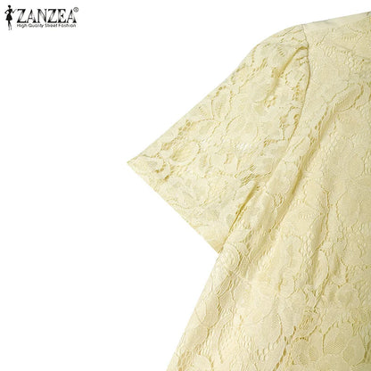 ZANZEA Women Summer Lace Patchwork Dresses 2026 Elegant Party Dress Stylish V Neck Short Sleeve Office Sundress A Line Midi Robe