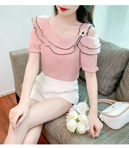 Sweet Slash Neck Off Shoulder Ruffles Blouses Female Clothing 2025 Summer New Loose Solid Color Korean Tops Puff Sleeve Shirts