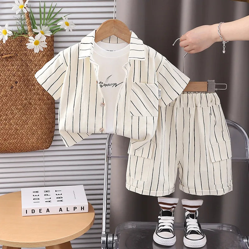 New Fashion Soft and Comfortable Children's Coffee Vertical Stripe Shirt Shorts Three-piece Set Kids Clothes Boys