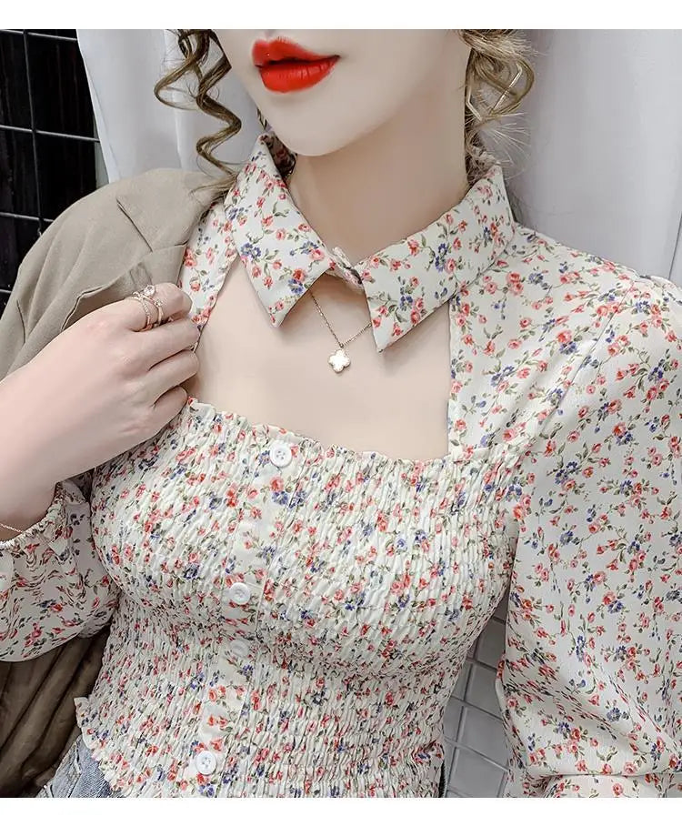 2025 Floral Chiffon Shirt New Spring Summer Women Collect Waist Hollow Out Tops Vintage Blouse Women Longsleeve Short Shirt 3XL