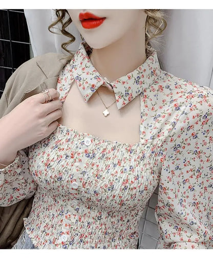 2025 Floral Chiffon Shirt New Spring Summer Women Collect Waist Hollow Out Tops Vintage Blouse Women Longsleeve Short Shirt 3XL