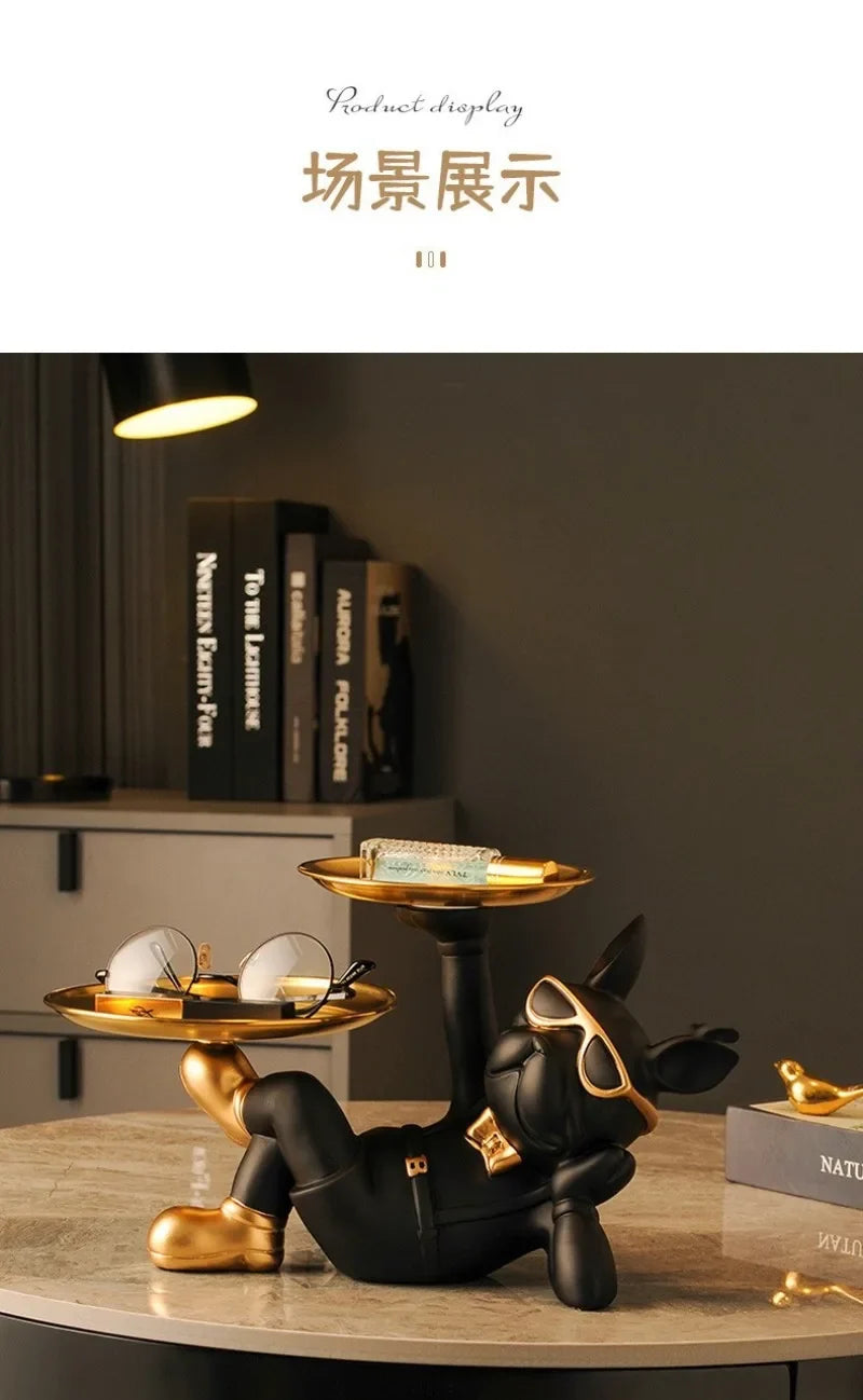 French Bulldog Resin Storage Ornament Two Metal Tray Dog Statue Living Room Room Decoration Home Butler Statue Decoration Gift