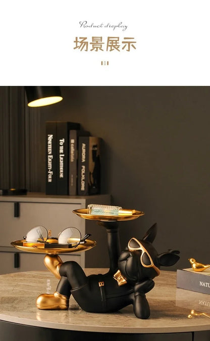 French Bulldog Resin Storage Ornament Two Metal Tray Dog Statue Living Room Room Decoration Home Butler Statue Decoration Gift