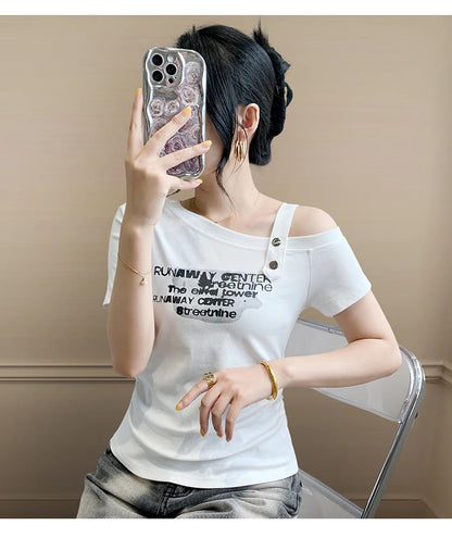 Sexy oulder Bared T irt Women's ort Sve Asymmetrical Collar Faionable Slimming Top Korean Sle Cotton Blend Summe...