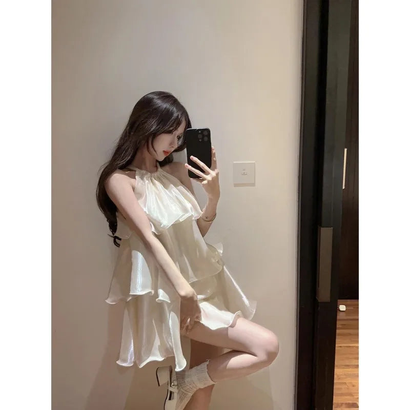 Woman Dress Elegant Sweet Sleeveless Ruffles Mesh Loose Summer New Cake Mini Dresses Solid Sexy Female Casual Fairy 2026