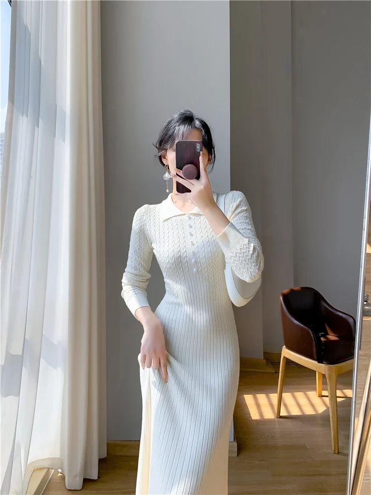 Sweater Dress Women New  Autumn Winter Purple White Or Black High Waist A Line Dress Elegant Long Knitted Dress (Available)
