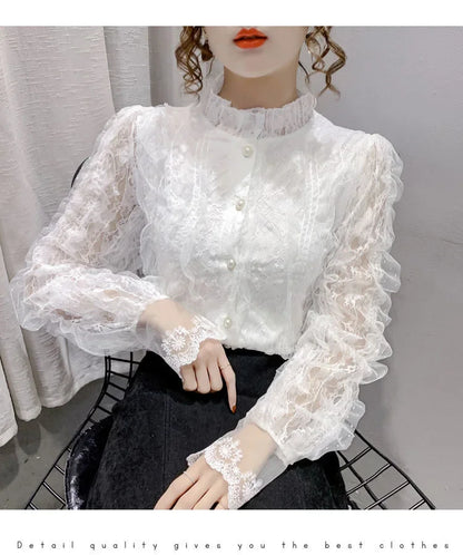 Blouse Women Shirt Lace Long Sleeve Women's Clothing Spring Lantern Sleeve Stand Collar Cardigan Top Blusas Mujer De Moda