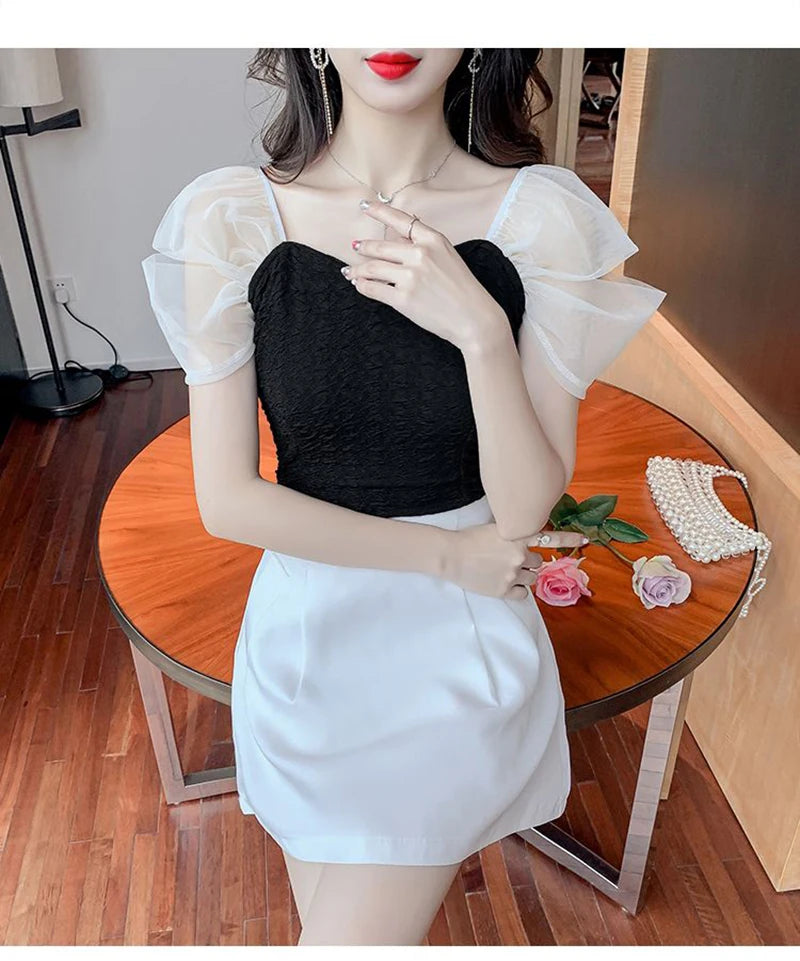 Summer Mesh Spliced Women Puff Sleeve Square Neck T Shirts Lady French Fashion Elegant Sweet Slim Fit Clothing Tops Black White