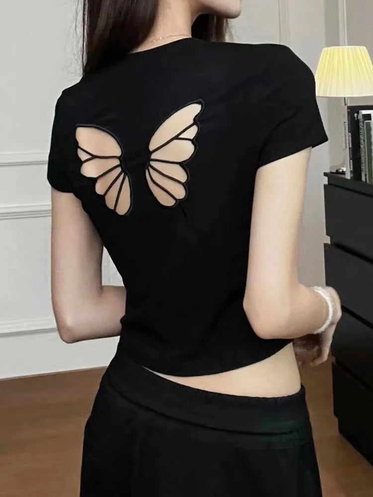 Fashion Women T-shirt Short Sleeve O Neck Solid Slim Fit Ladies Crop Top Butterfly Hollow Backless for Casual Tops Summer 2024