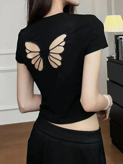 Fashion Women T-shirt Short Sleeve O Neck Solid Slim Fit Ladies Crop Top Butterfly Hollow Backless for Casual Tops Summer 2024