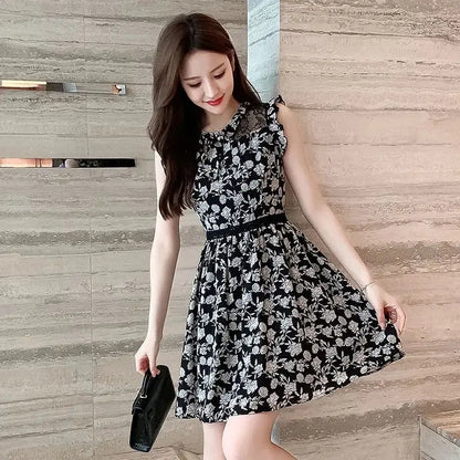 Neck Gauze Mesh Slim Sleeveless Floral Dress Women's New Style Spliced round