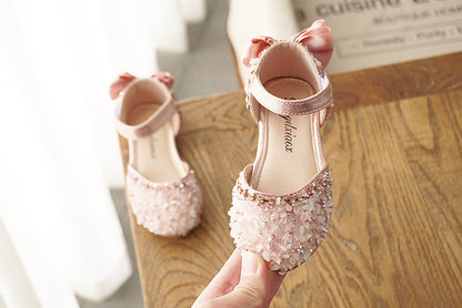 New Kids Leather Shoes Girls Wedding Shoes Children Princess Sandals Sequins Bow Girls Casual Dance Shoes Flat Sandals