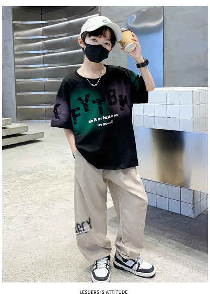 Teenager Boys Clothes Casual Outfit Kids Gradient Tracksuit Child t shirt + ankle tie pant