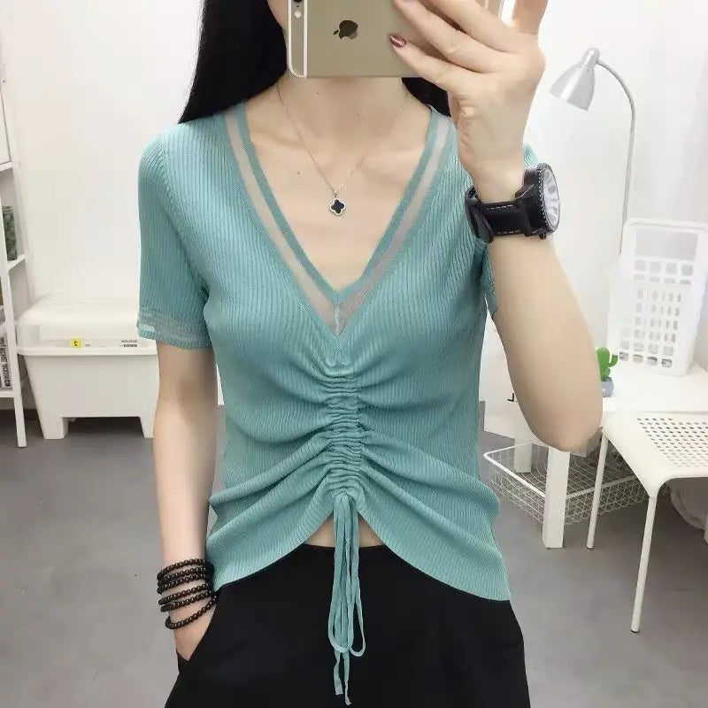 Ice Silk Short Sleeve T-shirt for Women in Summer New Thin V Neck Drawstring Solid Color Casual Tops Fashion Office Clothing