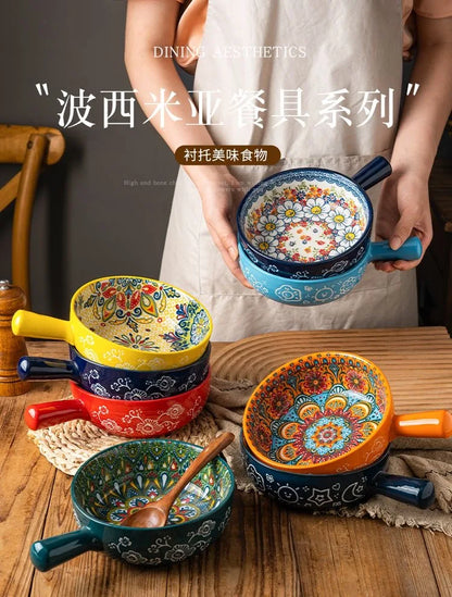 Single Handle Ceramic Noodle Bowl, Bohemian Design, Large Bowl, Creative Restaurant, Household Salad, Dessert Bowl, Home Decorat