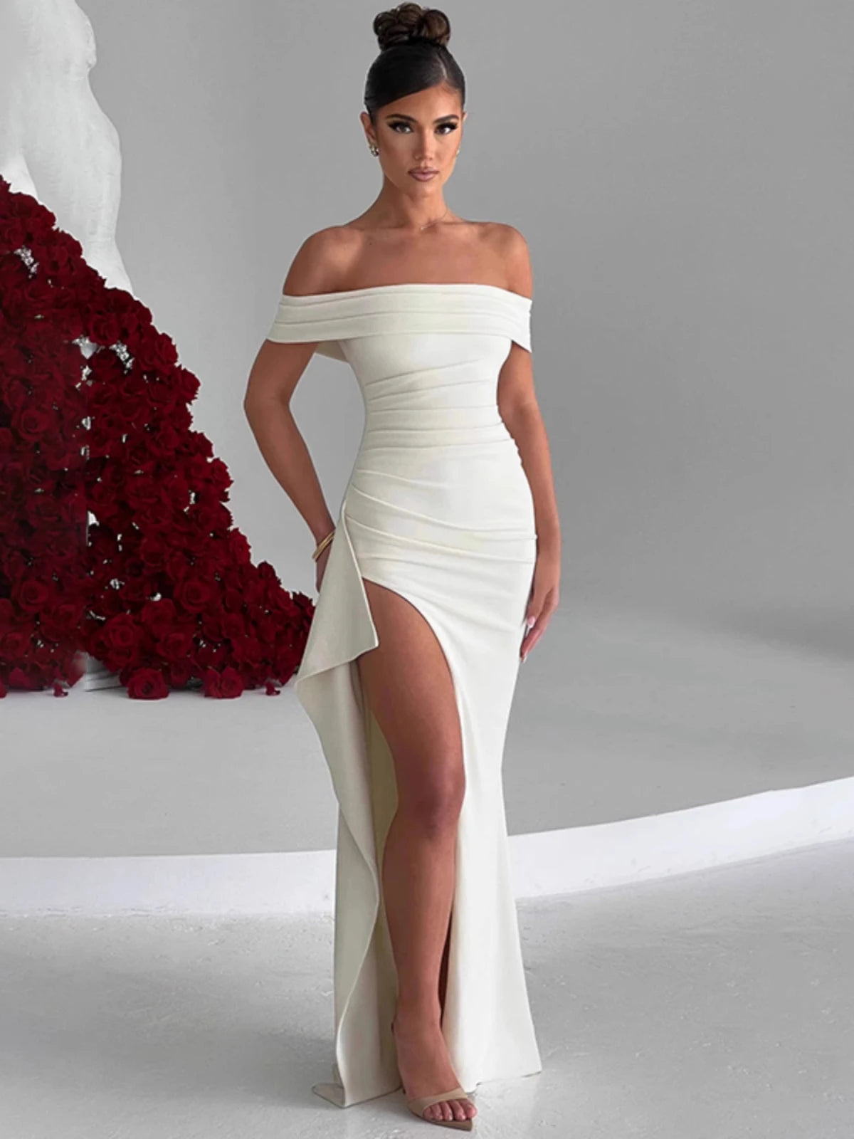 Elegant Evening Dress Pure Color Off-Shoulder Women's Sexy High Waist Side Slit Long Dress Formal Mcxi Women's Party Evening Dress