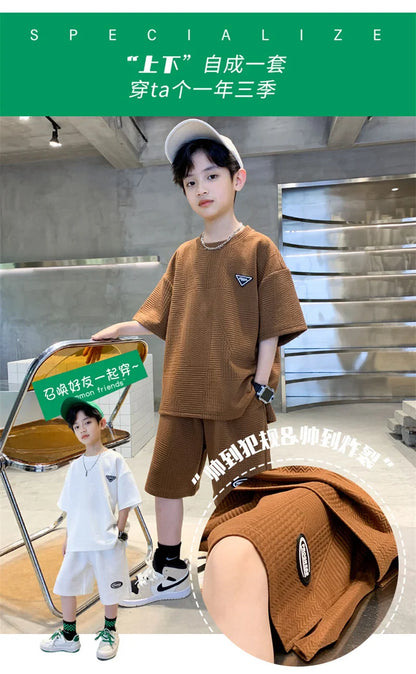 New Teenager Casual Outfits Children Trends Clothes Suits Kids Short Sleeves Tops+Baggy Pants 2Pcs