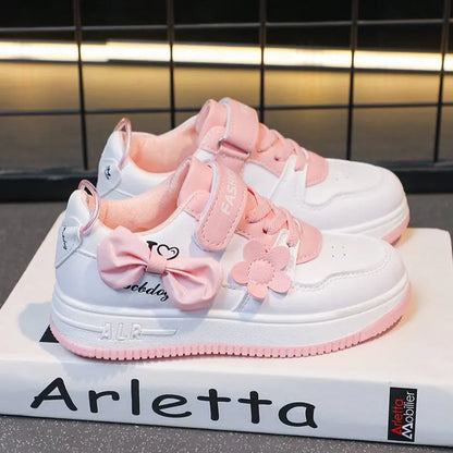 Girls Sneakers Pink Bow Decoration 3D Flowers Cute Sports Shoes Spring Autumn Breathable Casual Non-slip Outdoors Board Shoes