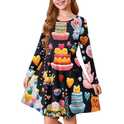 Girl Spring Summer Cozy Dress Exquisite Colorful Pattern Printed Comfortable Dress Girl Daily Casual Long Sleeve A Line Dress