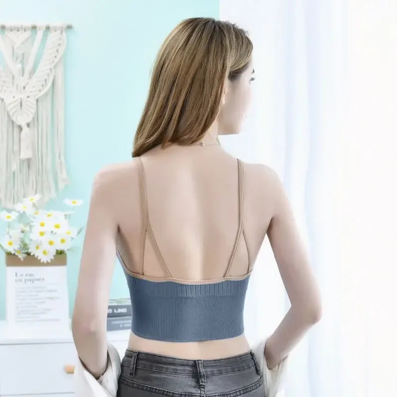 Korean striped crop tops slim fit spaghetti strap tanke top women built in bra off shoulder sleeveless versatile camisole ins