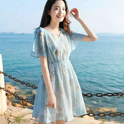 Sweet V-Neck Printing Shirring Bow Chiffon Floral Dress Female Clothing Summer New Loose Butterfly Sleeve Princess Dress