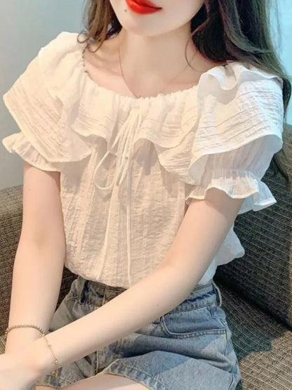 Short Sleeve Shirts Womens Mesh Pleated Pintucked Loose Tunic Casual Club Fairycore Trendy Urban Student Artistic Youthful