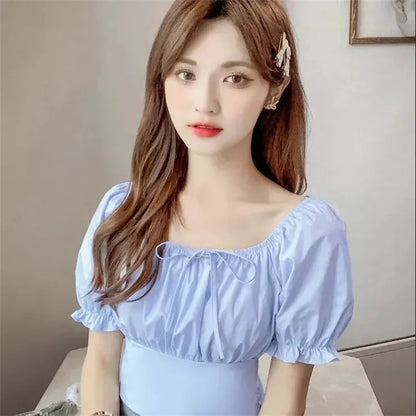 Summer New Fashion Temperament Women Bubble Sleeve Square Collar Shirt Design Sense Of Small Sweet Halter Short Sleeve Top