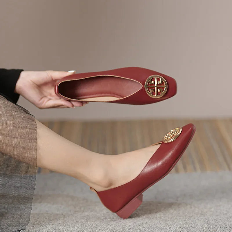 Women's square toe low heels solid color retro Casual flat shoes (Available)