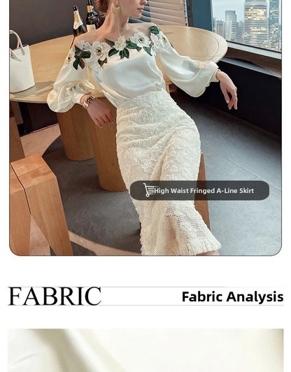 Embroidered Heavy Work Satin Patchwork irt Women's Sle Spring New Arrival Long Sve round Ne Fly Sve Lace Top