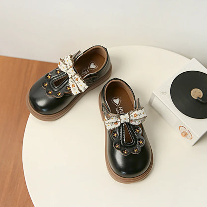 Cute bow Leather Girls Shoes 2025 New T-strap Oxfords Spring Kids Soft Shoes For Girl School Children Princess Dress Shoes