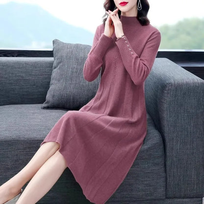 Knitted Coat Dress for Women Autumn Winter Sweater Dress Mid-length Over the Knee Temperament Western Style Inner Layering Skirt