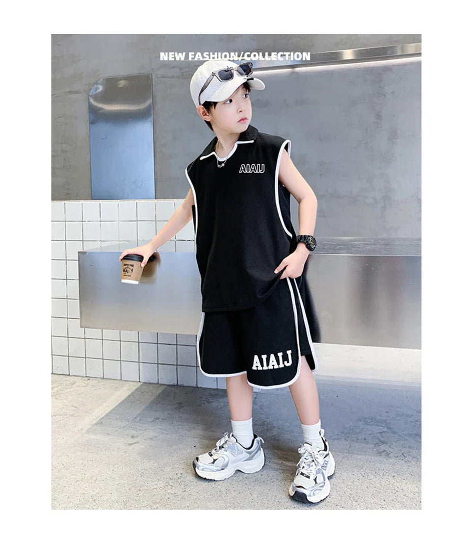 Boys Clothing Set American Style Children Vintage Vest Casual Sport Loose Pullover Sleeveless T-shirt Top Shorts Two-piece Set