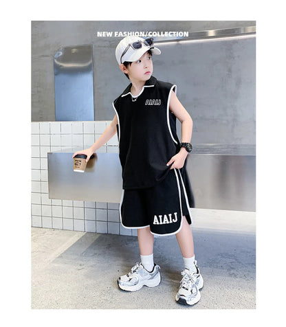 Boys Clothing Set American Style Children Vintage Vest Casual Sport Loose Pullover Sleeveless T-shirt Top Shorts Two-piece Set