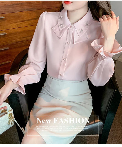 Elegant Long Sleeve Chiffon Shirts Women Autumn Winter Fashion White Blusa Feminina Korean Style Office Ladies Tops Blouses